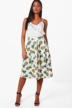 Boohoo Cora Pineapple Print Box Pleat Midi Skirt