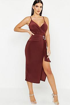 Boohoo Slinky Draped Buckle Midi Dress
