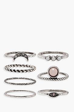 Boohoo Mia Moon Stone Detail Rings 7 Pack