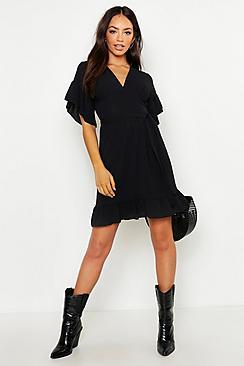 Boohoo Angel Sleeve Belted Frill Hem Skater Dress