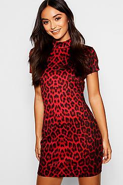 Boohoo Petite High Neck Cap Sleeve Leopard Mini Dress