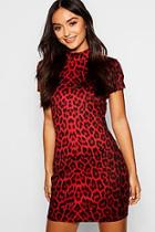 Boohoo Petite High Neck Cap Sleeve Leopard Mini Dress