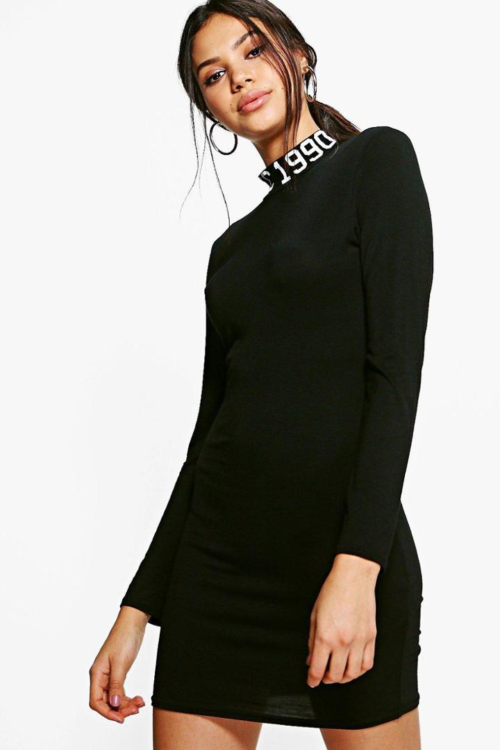 Boohoo Rylie Slogan Neck Bodycon Dress Black