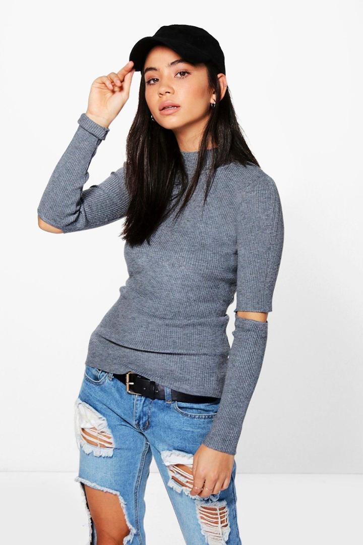 Boohoo Daisy Cut Out Elbow Rib Knit Jumper Grey