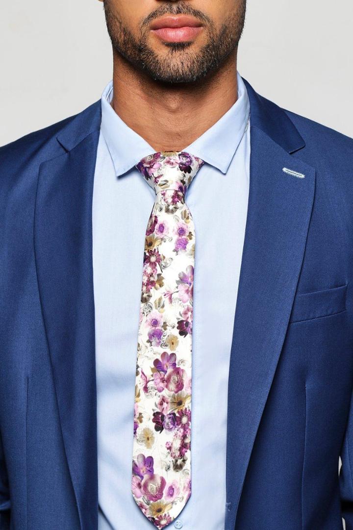 Boohoo Floral Skinny Tie Ecru
