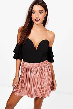 Boohoo Fleur Satin Pleated Skater Skirt