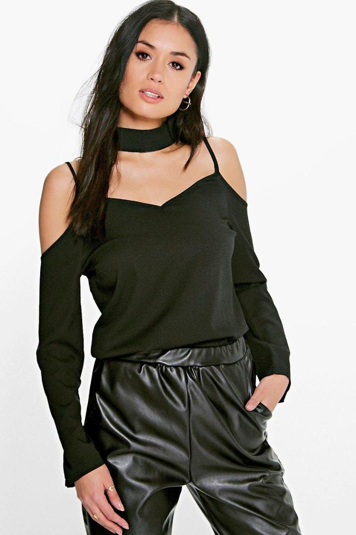 Boohoo Maddy Open Shoulder Choker Neck Strap Blouse Black