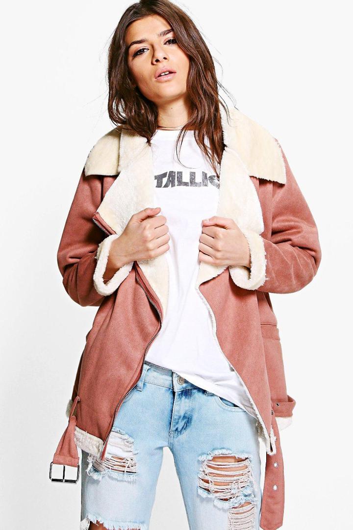 Boohoo Poppy Boutique Bonded Aviator Jacket Brown