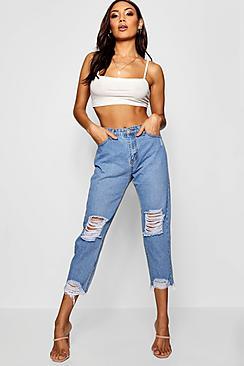 Boohoo High Rise Destroyed Hem Boyfriend Jeans