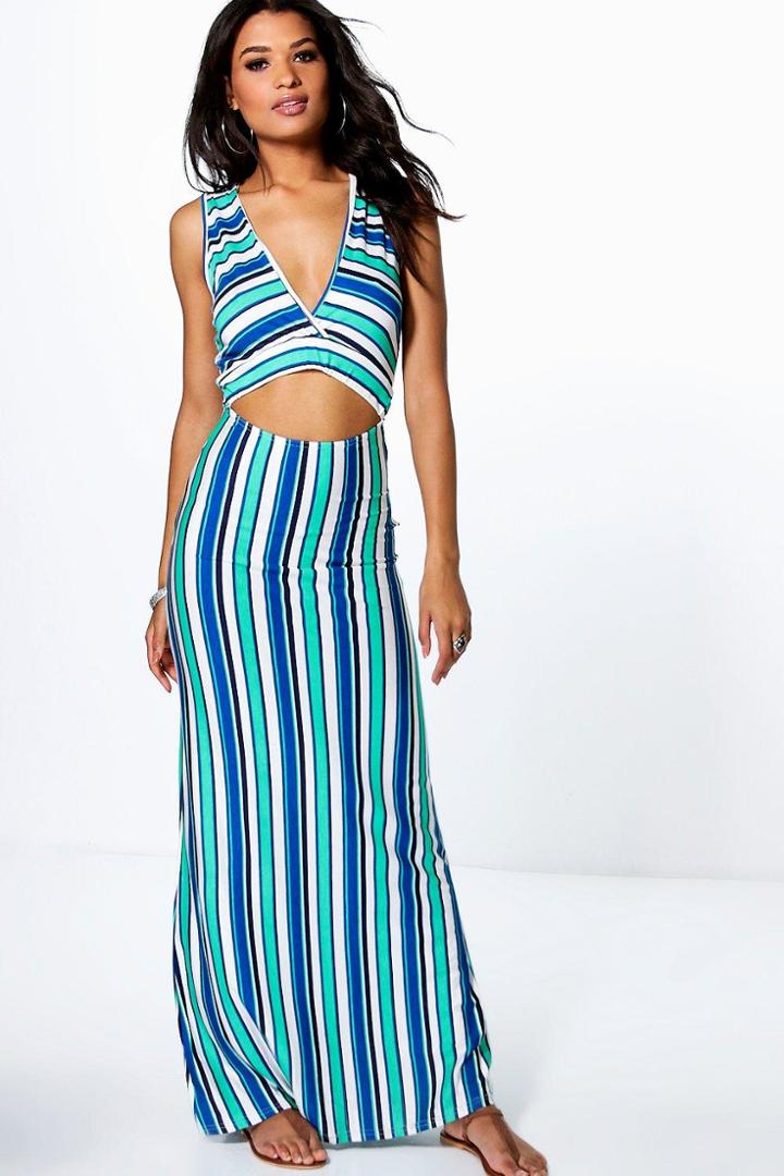 Boohoo Freyja Cut Out Stripe V Neck Maxi Dress Blue