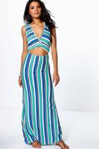 Boohoo Freyja Cut Out Stripe V Neck Maxi Dress Blue