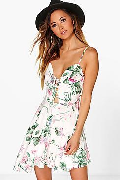 Boohoo Ana Floral Lace Up Skater Dress