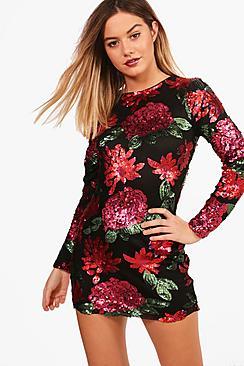 Boohoo Petite Abbie Floral Sequin Long Sleeve Bodycon Dress