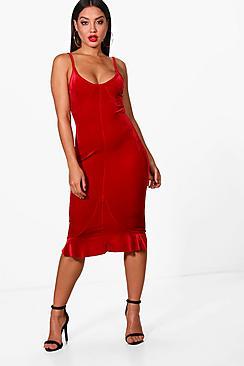 Boohoo Jasmine Velvet Frill Hem Detail Midi Dress