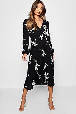 Boohoo Printed Long Sleeve Wrap Midi Dress