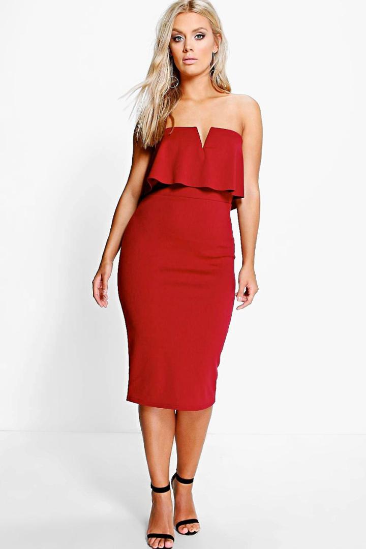 Boohoo Plus Polly Bandeau Frill Bodycon Dress Merlot