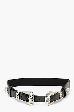 Boohoo Engraved Double Buckle Western Belt