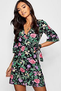 Boohoo Petite Floral Wrap Kimono Sleeve Tea Dress