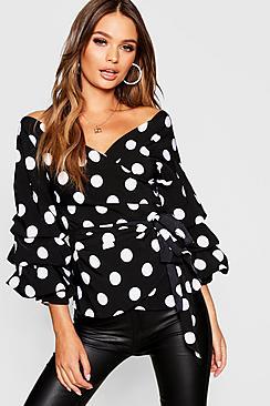 Boohoo Spot Print Ruffle Tiered Sleeve Wrap Blouse