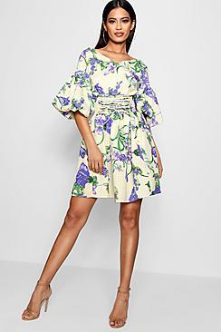 Boohoo Audry Lace Up Front Volume Sleeve Skater Dress
