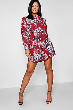 Boohoo Georgia Luxe Fabric Floral Tie Waist Shirt Dress