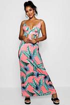Boohoo Lilly Tropical Plunge Front Cut Work Maxi Dress