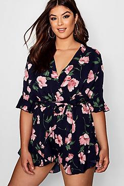 Boohoo Plus Floral Ruffle Hem Romper