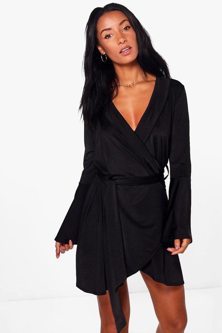 Boohoo Daria Slinky Flared Sleeve Wrap Skater Dress Black