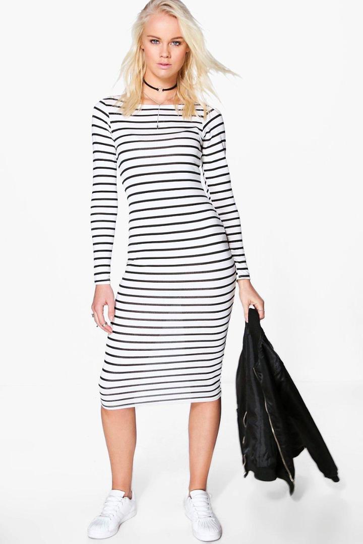 Boohoo Penny Sripe Long Sleeve Midi Dress Ivory