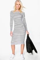 Boohoo Penny Sripe Long Sleeve Midi Dress Ivory
