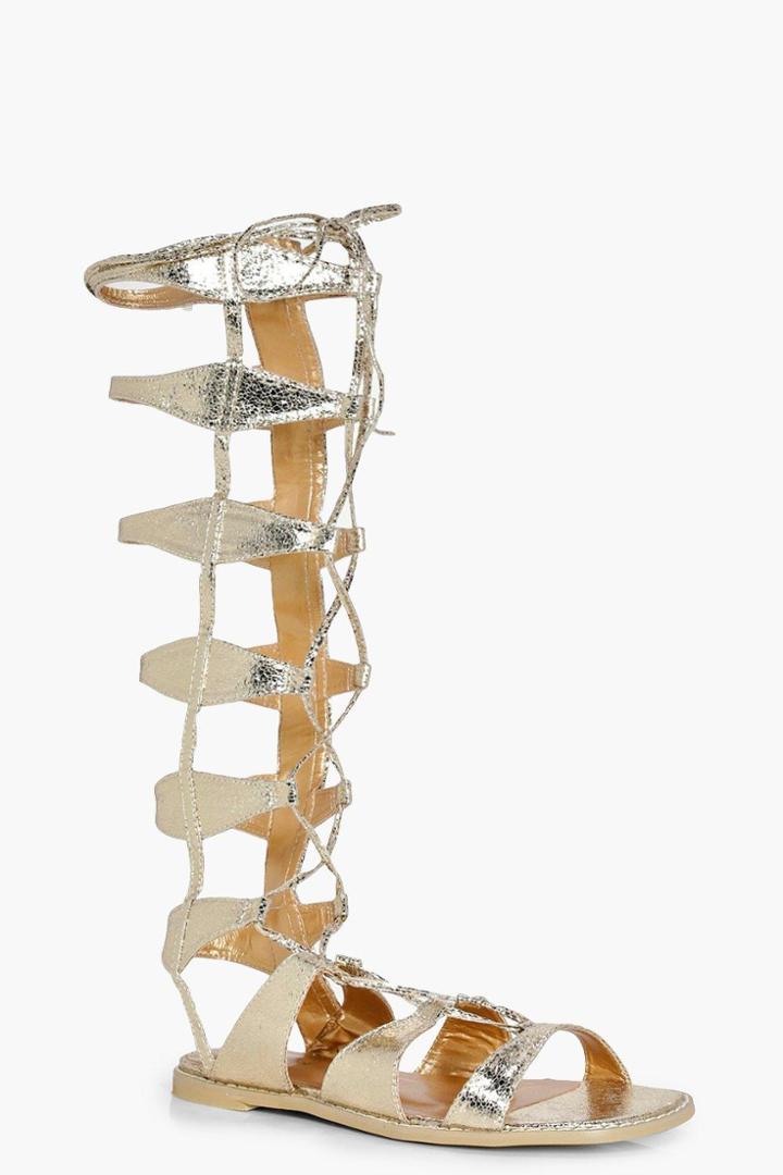 Boohoo Karen Ghillie Cage Gladiator Knee High Sandal Gold