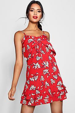 Boohoo Lillou Floral Asymmetric Ruffle Strappy Shift Dress
