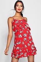 Boohoo Lillou Floral Asymmetric Ruffle Strappy Shift Dress
