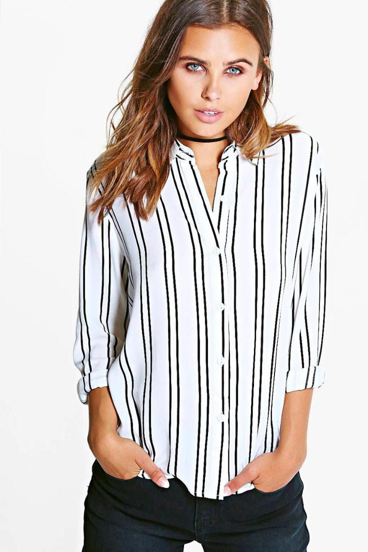 Boohoo Petite Sasha Striped Oversized Shirt White