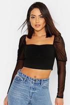 Boohoo Ruched Front Mesh Puff Sleeve Peasant Crop