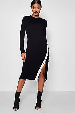 Boohoo Sara Sports Popper Detail High Split Midi Dress