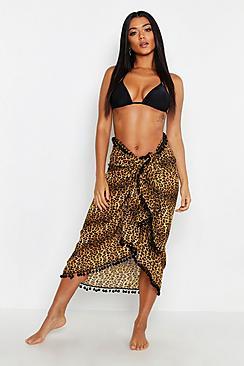 Boohoo Animal Wrap Around Pom Pom Beach Sarong