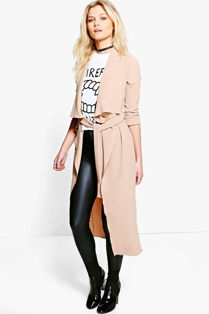 Boohoo Petite Emilie Woven Waterfall Belted Duster Camel