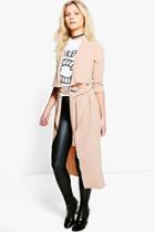 Boohoo Petite Emilie Woven Waterfall Belted Duster Camel