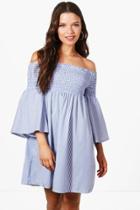 Boohoo Katie Stripe Off Shoulder Sun Dress Blue