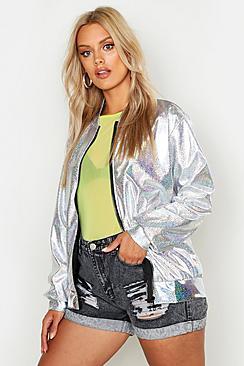 Boohoo Plus Silver Metallic Foil Festival Jacket