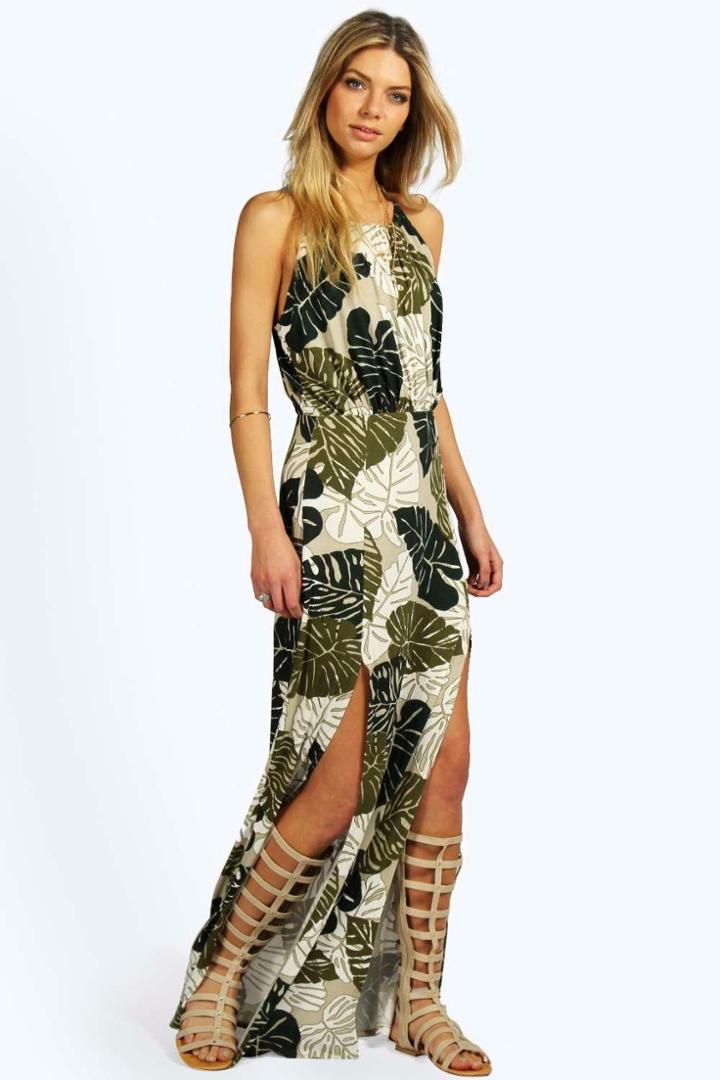 Boohoo Sophoa Tropical Split Front Maxi Dress Green