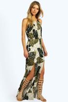 Boohoo Sophoa Tropical Split Front Maxi Dress Green