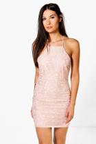 Boohoo Frey All Over Lace Cross Back Bodycon Dress Blush