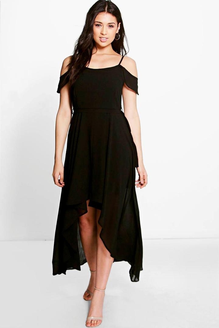 Boohoo Nishi Chiffon Frill Open Shoulder Dip Hem Dress Black