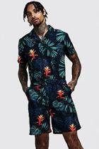 Boohoo Palm Print Revere Collar Short Jumpsuit