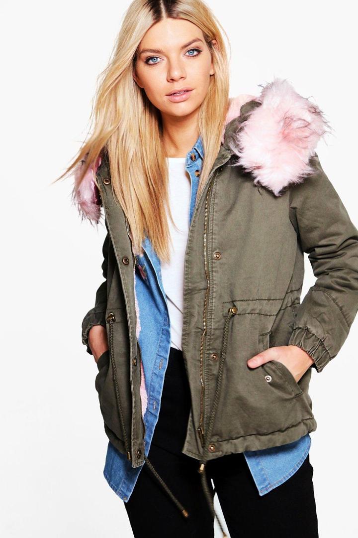 Boohoo Alice Faux Fur Parka Blush
