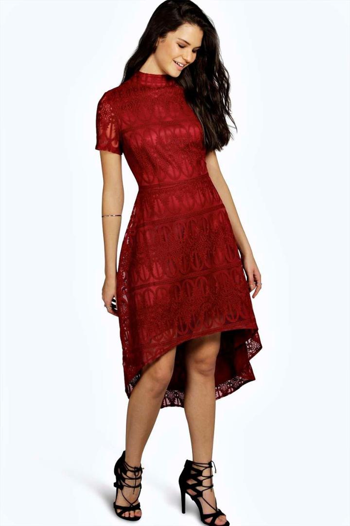 Boohoo Ara Embroided Mesh High Neck Dip Hem Dress Berry