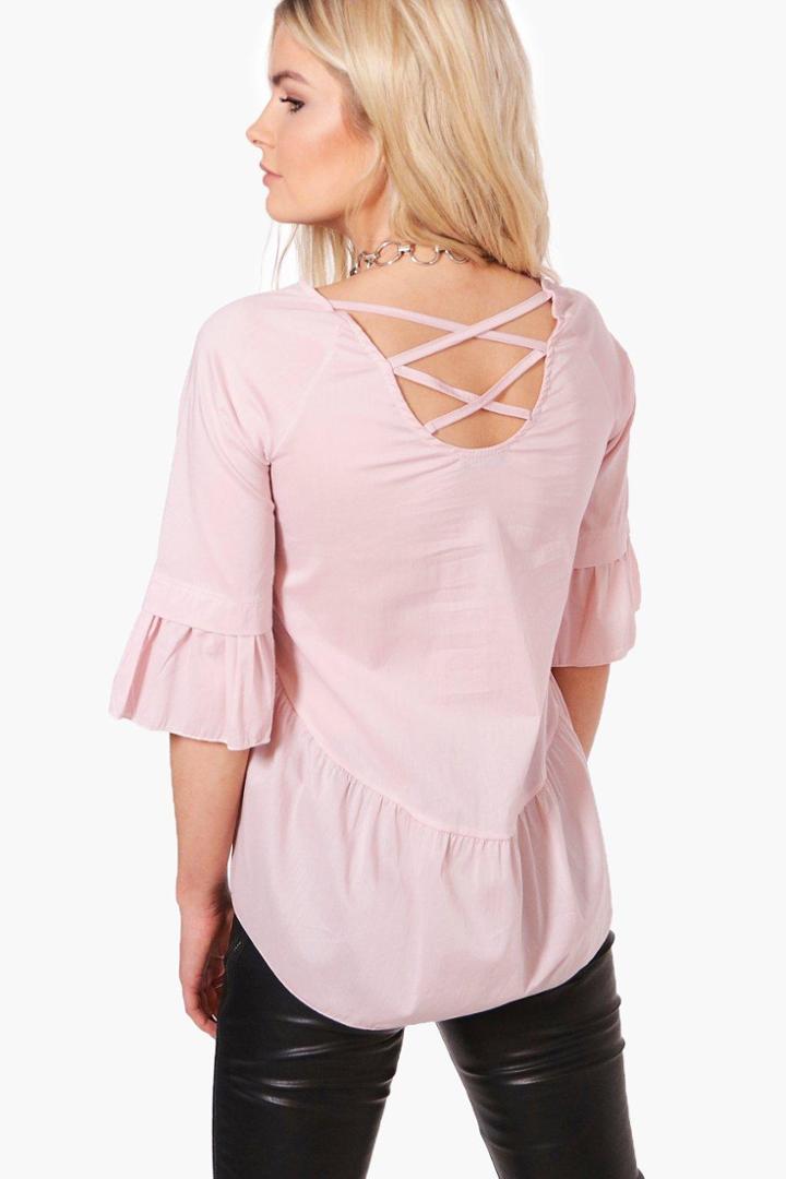 Boohoo Anna Strappy Back Ruffle Hem Woven Top Blush