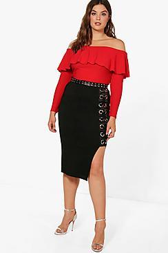 Boohoo Plus Cerys Eyelet Detail Midi Skirt